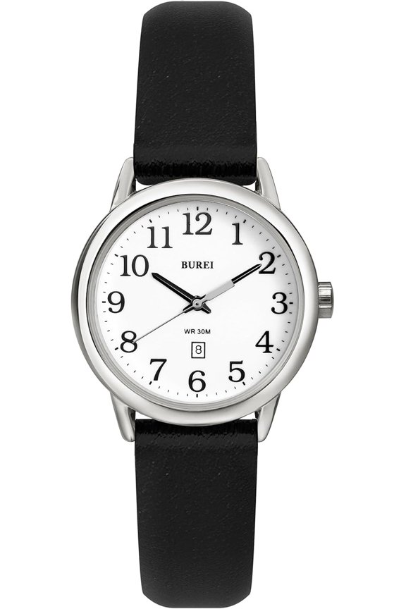 -Women's Black Leather Watches Easy to Read Minimalist Watch for Women and Nurses, Gift for Her(White Face with Luminous)