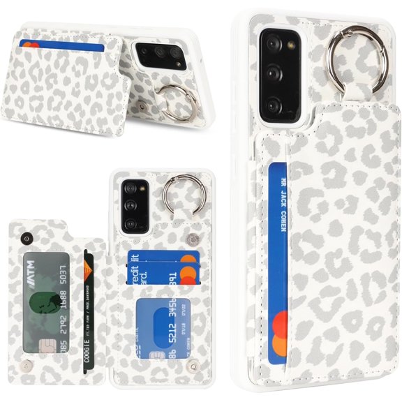 TGHTBA-for Samsung Galaxy S20 FE 5G case Wallet with Card Holder for Women Men Shockproof Phone case with Keychain Ring Stand Leather Credit Card Slots-White Leopard Print