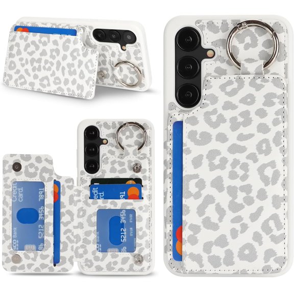 TGHTBA-for Samsung Galaxy S25 Plus case Wallet with Card Holder for Women Men Shockproof Phone case with Keychain Ring Stand Leather Credit Card Slots-White Leopard Print