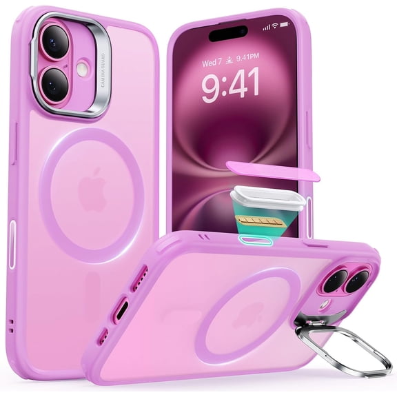 TGHTBA-for iPhone 16 Case, Camera Control Button Compatible with MagSafe, Military-Grade Protective Case, Built-in Stash Stand Phone Case, Scratch-Resistant Back Cover, Classic Series, Frosted Pink