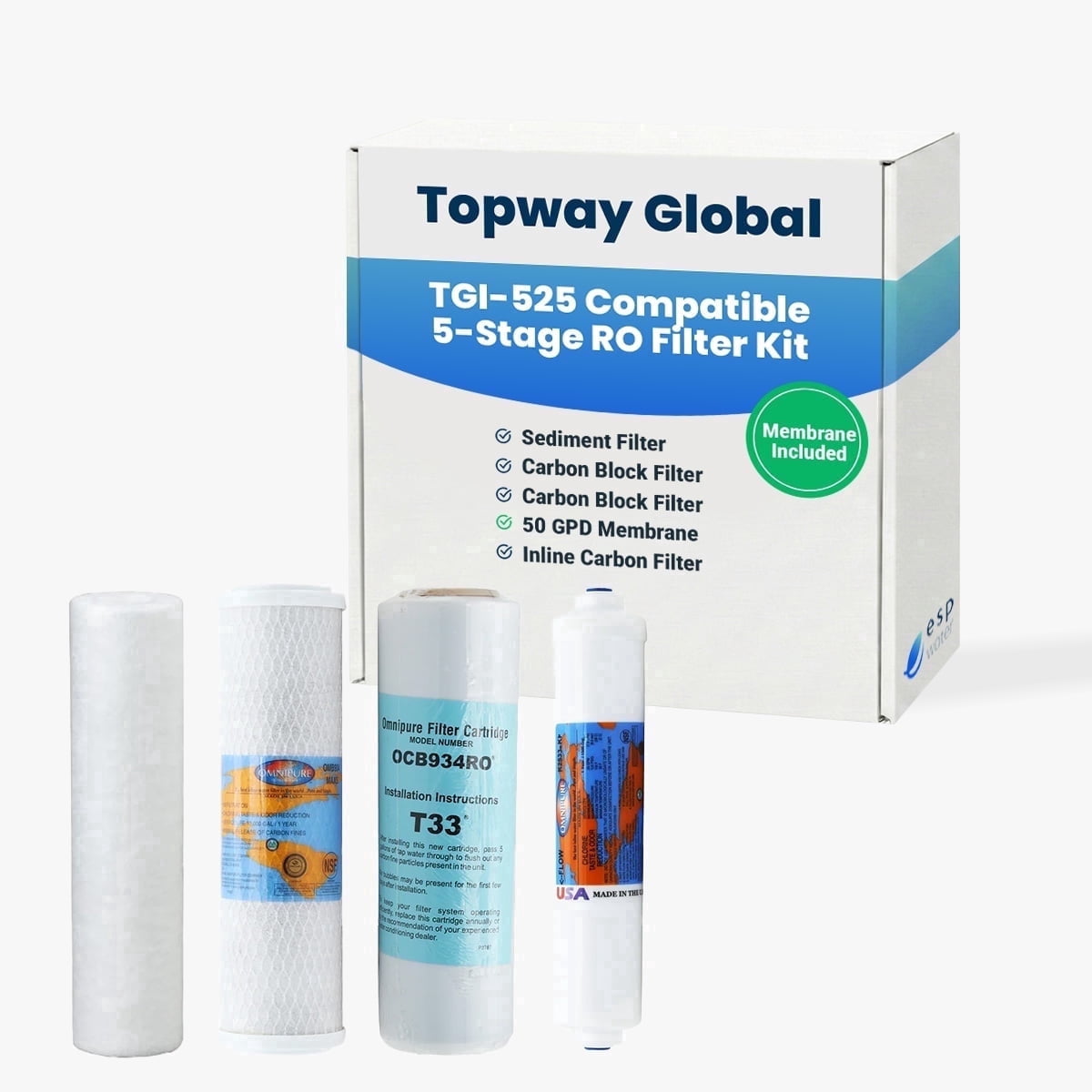 TGI-525 Filter Replacement Kit Compatible with Topway Global Reverse Osmosis System Includes 50 GPD RO Membrane