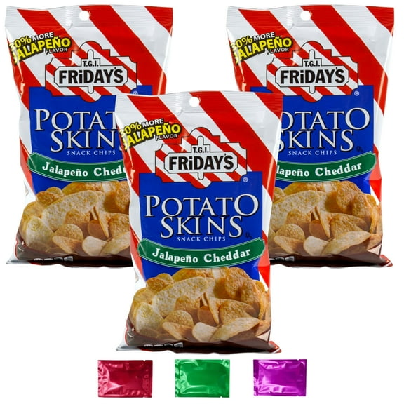 TGI Fridays Potato Skins Chips Snack, Jalapeno Cheddar Flavor Crisps Crunchy for Snacking Dipping Lunch Boxes Movie Night Party 4.5 oz 3 Packs w/ Bonus Snoep in Beperkte Oplage