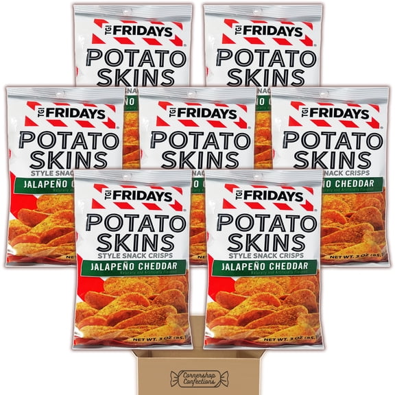 TGI Fridays Potato Skins Jalapeno Cheddar Bundle Pack - 7 Individually Sealed Bags, Each 3 Ounces - Gluten-Free, Kosher - For Snacks, Lunches, Parties, Movie Nights - In Cornershop Confections Box