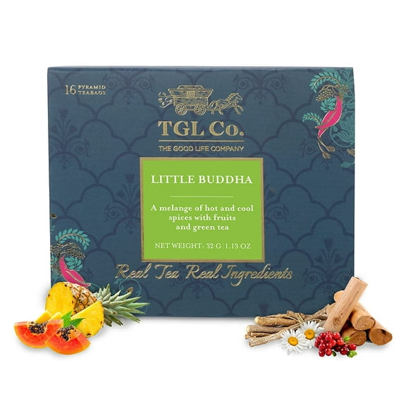 TGL Co. Little Buddha Green Tea, 16 Tea Bags with Green Sencha Tea, Pineapple, Papaya, Sandalwood