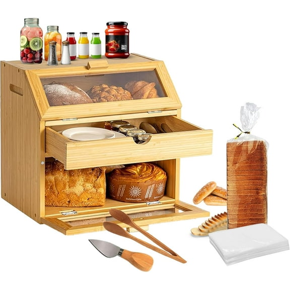 TGLS 3-Layer Bamboo Bread Boxes for Kitchen Counter (Large Capacity Wooden Bread Box + Bread Slicer Reusable + Bread Bag + Bamboo Tong) Bread Storage Container (3 Layer (Natural Bamboo))