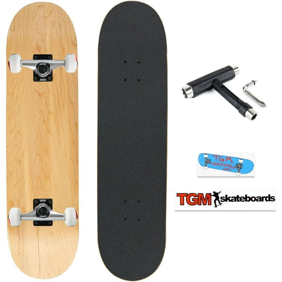 TGM Skateboard Complete - Premium 7-Ply Maple Construction - Fully Assembled Skateboard with Skate T-Tool and Stickers - Choose Color and Size