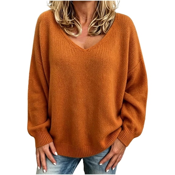 TGMDaai Plus Size Sweaters for Women V Neck Solid Color Long Sleeve Pullover Fall Winter Warm Top