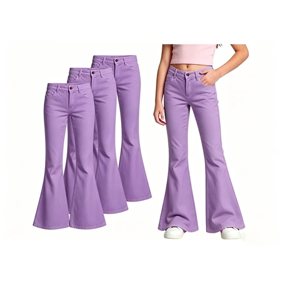 TGPMGRZ 3 Pack School Uniform Pants for Girls Flare Bell Bottoms Leggings with Front Buttons & Pockets