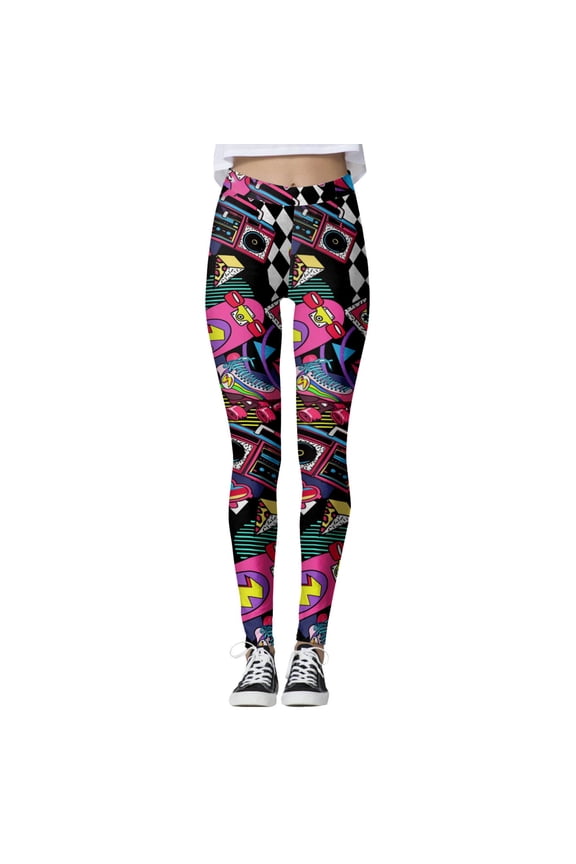 80s 90s High Waisted Leggings for Women Novelty Graphic Yoga Pants Casual Party Colorful Cartoon Design, Purple Size M