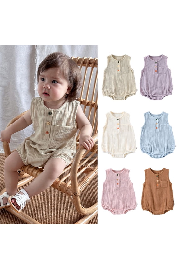 Baby Boy Sleeveless Romper One Piece Cotton Linen Tank Top Bodysuit Summer Button Pockets Onesie Blue 0-3 Months