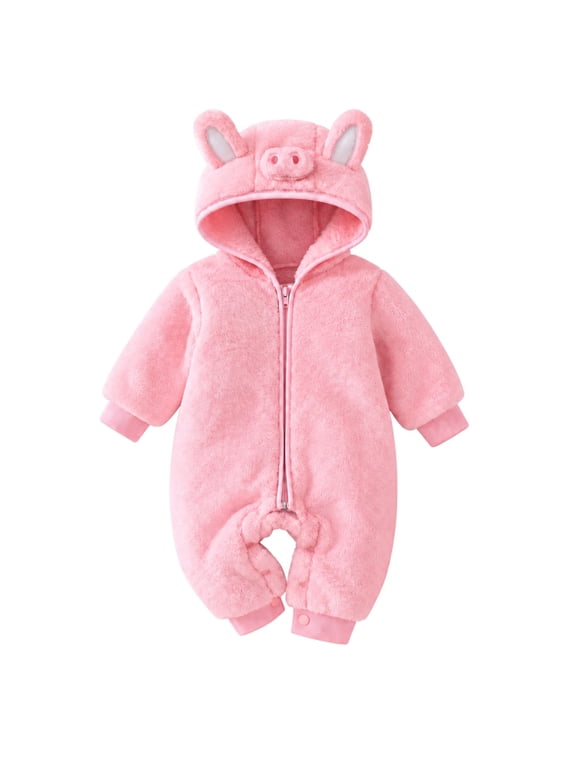 Baby Girls Christmas Pig Hooded Romper, Pink Jumpsuit with 3D Ears, Winter Warm Outfit, 0-9 Months