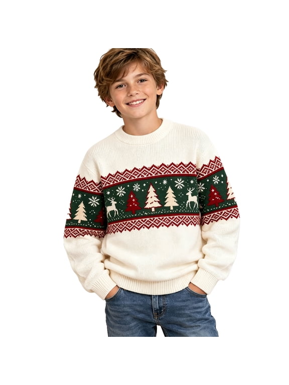 Boys Christmas Sweater Classic Style Knit Crewneck Long Sleeve Pullover for Holiday and School