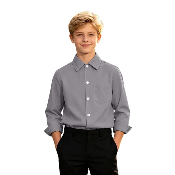 TGPMGRZ Boys Dress Shirts Button Down Long Sleeve Shirts Kids Clothes for Back to School #A01 Grey 15-16 Years