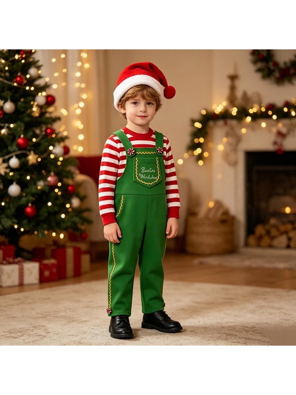 Christmas Elf Overall Set for Toddler Boys, Holiday Suspender Pants with Shirt, Festive Winter Outfit, 2-14Y