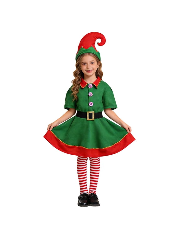 Christmas Girls Elf Dress with Hat Belted Waist Short Sleeve Festive Holiday Outfit for Xmas Parties