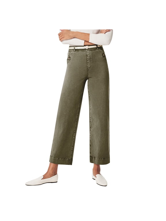 Elastic Waist Wide Leg Cropped Jeans for Women Pull On Denim Pants Loose Fit Casual Baggy Trousers with Pockets, Green Size XXL