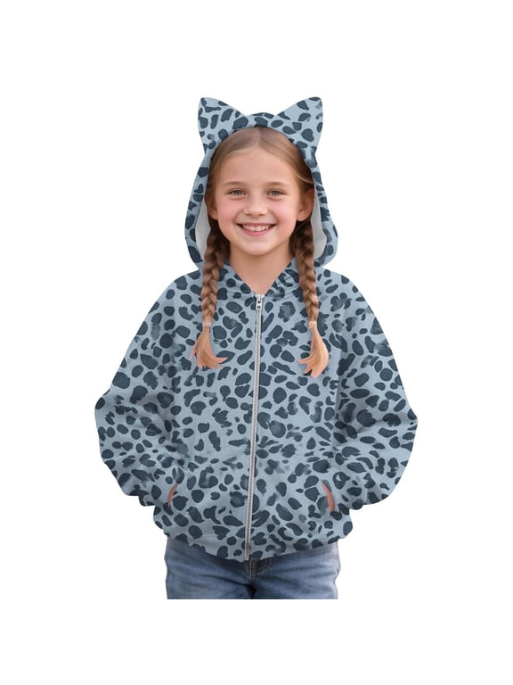 Girls Cat Ear Hoodie Zip Up Jacket with Kangaroo Pockets Cute Casual Sweatshirt for Kids