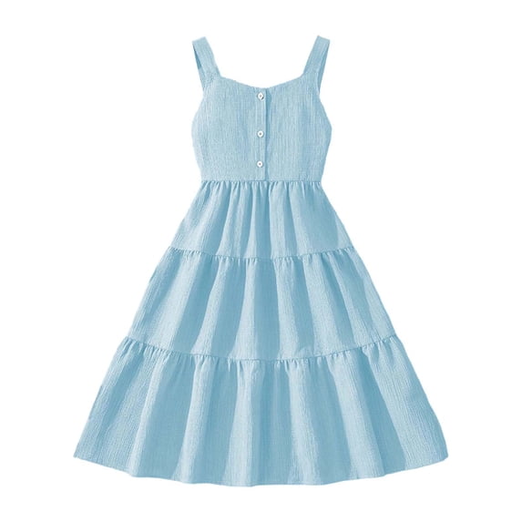 TGPMGRZ Girls Dresses Sleeveless Spaghetti Straps Summer Casual Button Pleated A Line Dress for Kids 7-12Y Blue 11-12 Years