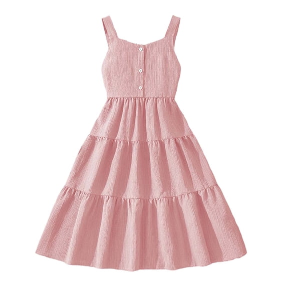 TGPMGRZ Girls Dresses Sleeveless Spaghetti Straps Summer Casual Button Pleated A Line Dress for Kids 7-12Y Red 8-9 Years