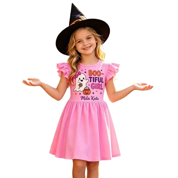 TGPMGRZ Girls Halloween Printed Flutter Sleeve Party Dress Toddler Little Kid Casual Summer Outfit with Round Neck for Outdoor Play