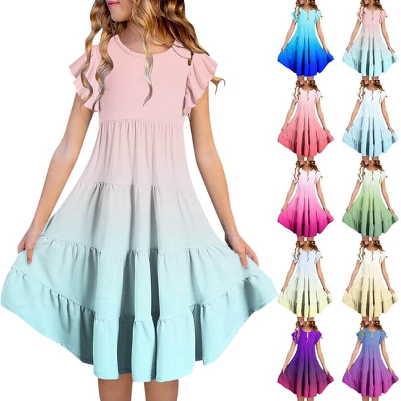 TGPMGRZ Girls Summer Dresses Double Layer Flutter Sleeve Flowy A-Line Sundress Casual Gradient Midi Dresses for 6-15 Years Light Blue 6-7 Years