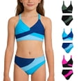 thumbnail image 1 of TGPMGRZ Girls Swimsuits Bikini Set Color Block V Neck Girl Swimsuit Two Piece Cut Bathing Suit (Blue, 7-8 Years), 1 of 6