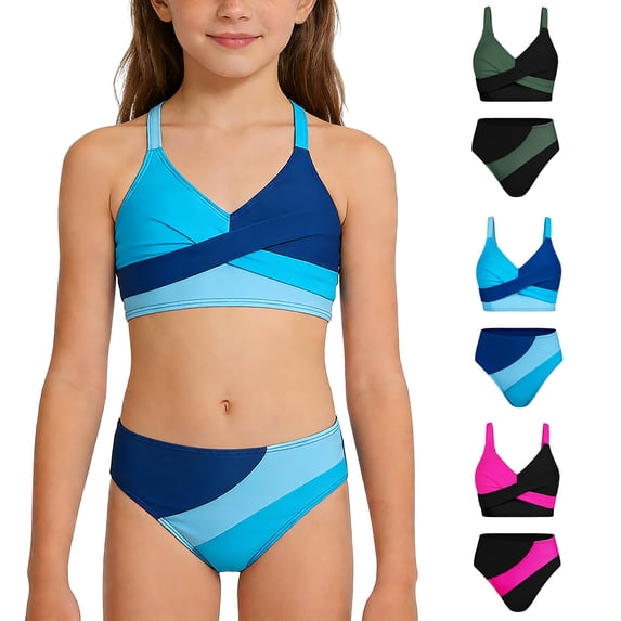 TGPMGRZ Girls Swimsuits Bikini Set Color Block V Neck Girl Swimsuit Two Piece Cut Bathing Suit (Blue, 7-8 Years)