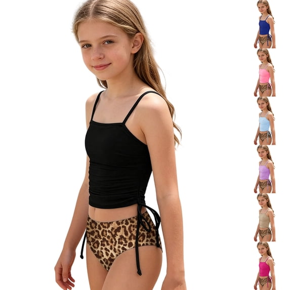 TGPMGRZ Girls Tankini Set Two Piece Swimsuit Ruched Drawstring Bathing Suits with High Waisted Leopard Print Bottom Swimwear (Sky Blue, XL/18Y)