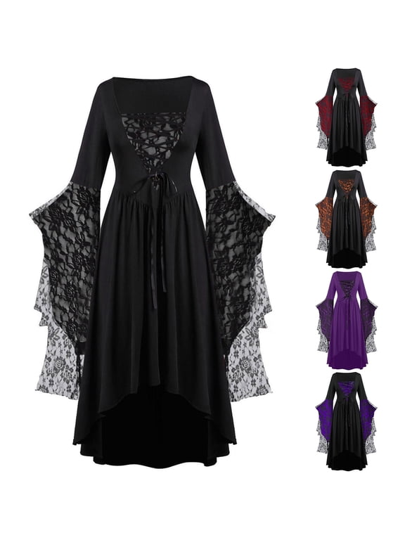 Gothic Dresses for Women Halloween Witch Clothes with Lace Details