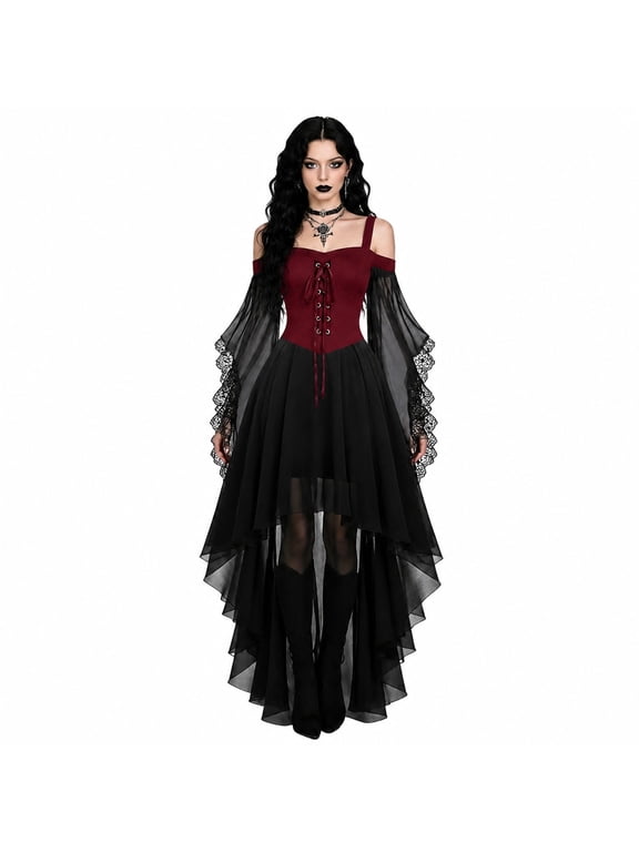 Gothic Witch Dress for Women Halloween Outfit Clothes Off Shoulder Butterfly Sleeve Lace Dresses