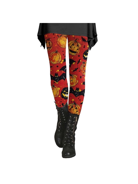 Halloween Leggings for Women High Waisted Yoga Pants Stretch Pumpkin Leggings Fall Winter Pants #01 Red, Size M