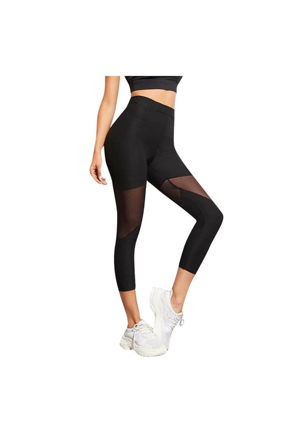 High Waist Mesh Capri Leggings for Women Sheer Insert Cropped Workout Pants Tummy Control Gym Yoga Tights, Black Size L
