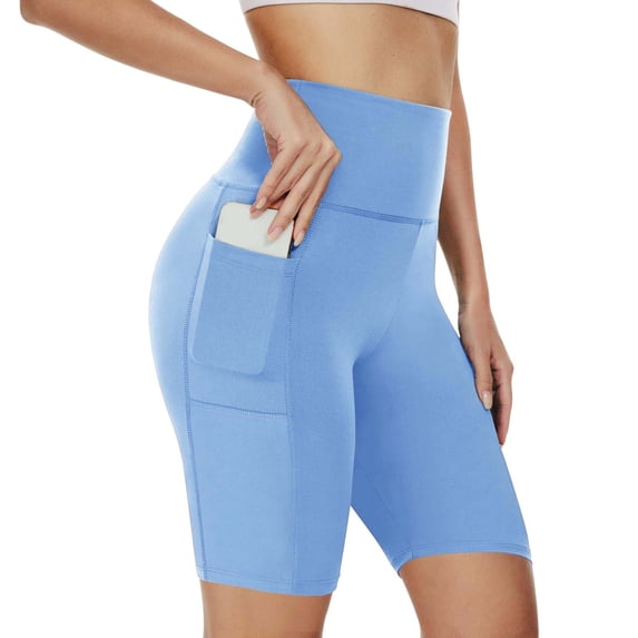 TGPMGRZ High Waisted Biker Shorts for Women with Side Pockets Tummy Control Workout Running Yoga Gym Compression Shorts, Sky Blue Size S