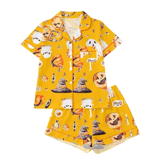 TGPMGRZ Ladies Halloween Pajamas Elegant Button Down Shirts Relaxed Fit Shorts Halloween Couple Pajamas