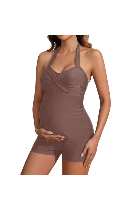 Maternity One-Piece Swimsuits with Shorts Boyleg Pregnancy Bathing Suits Boyshort Brown, Size M
