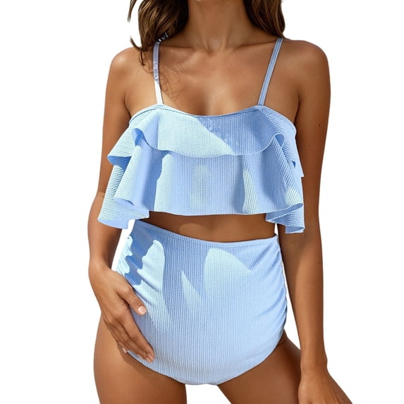 TGPMGRZ Maternity Swimsuit for Women Ruffle Spaghetti Straps Tankini Tops with Shorts 2 Piece Swimwear Sky Blue, Size M