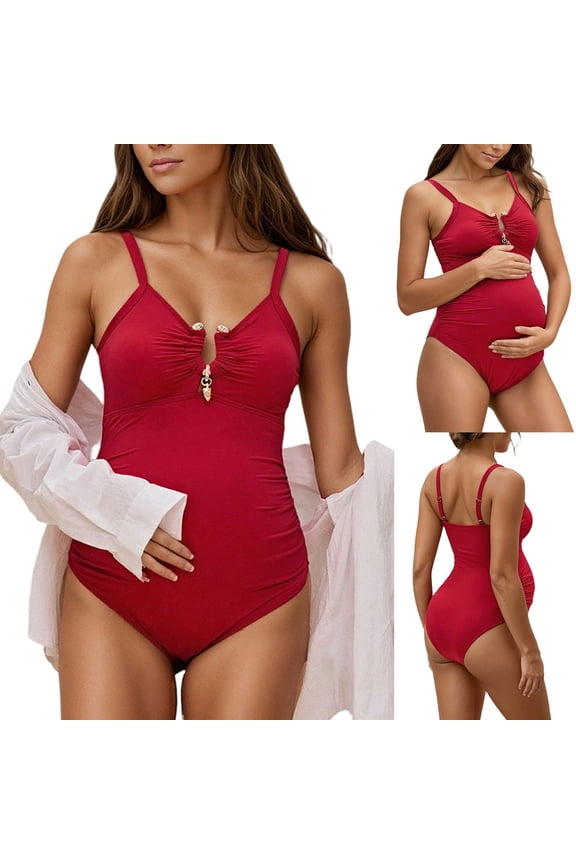 Maternity Womens One Piece Swimsuit Ruched Front Keyhole Bathing Suit Adjustable Straps #03 Watermelon Red, Size XL