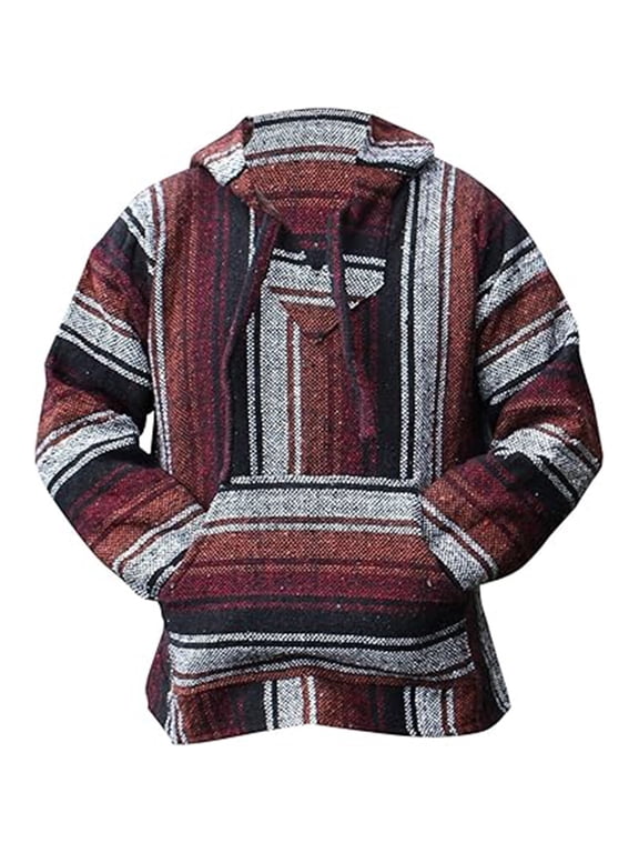 Men's Baja Hoodie, Striped Pullover Poncho, Mexican Surf Style Sweatshirt, S-XXL
