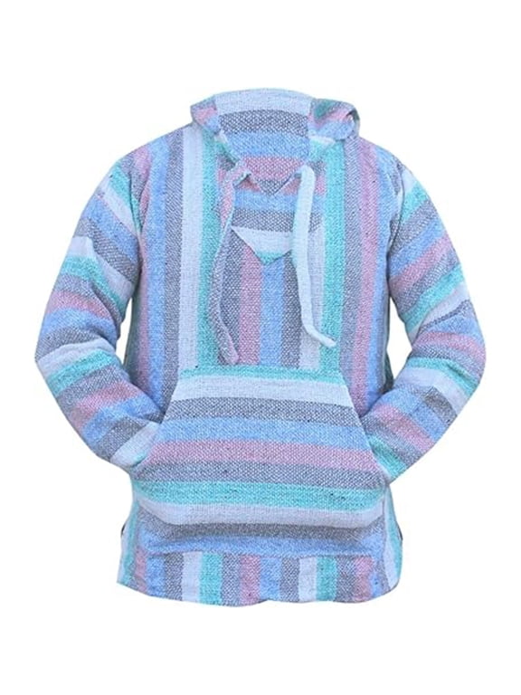 Men's Baja Hoodie, Striped Pullover Poncho, Mexican Surf Style Sweatshirt, S-XXL