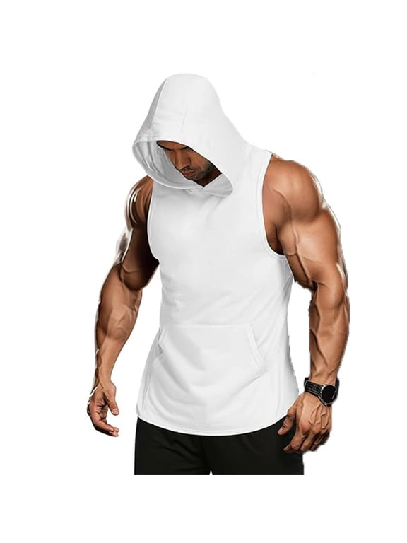 Men's Sleeveless Hoodie, Workout Muscle Tank Top, Gym Training Hooded Shirt, S-XXL