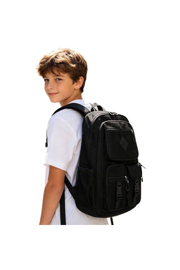 Mesh Backpack for School, Large Heavy Duty See Through Net Bookbag - Transparent Back Pack for Beach, Swimming, Work, Travel (Black)