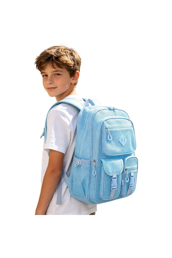 Mesh Backpack for School, Large Heavy Duty See Through Net Bookbag - Transparent Back Pack for Beach, Swimming, Work, Travel (Blue)