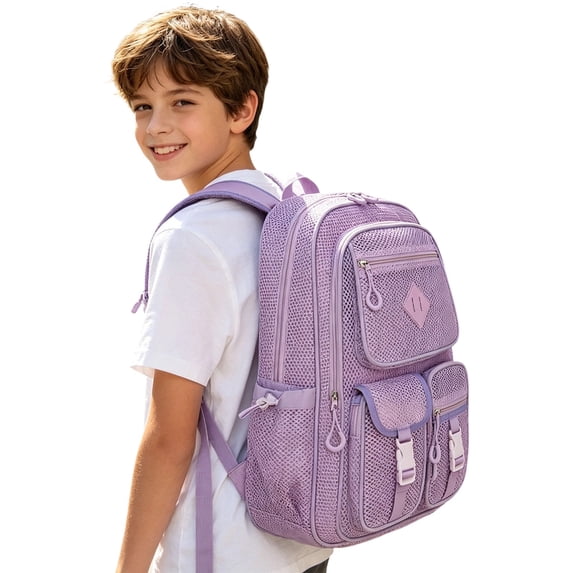 TGPMGRZ Mesh Backpack for School, Large Heavy Duty See Through Net Bookbag - Transparent Back Pack for Beach, Swimming, Work, Travel (Purple)