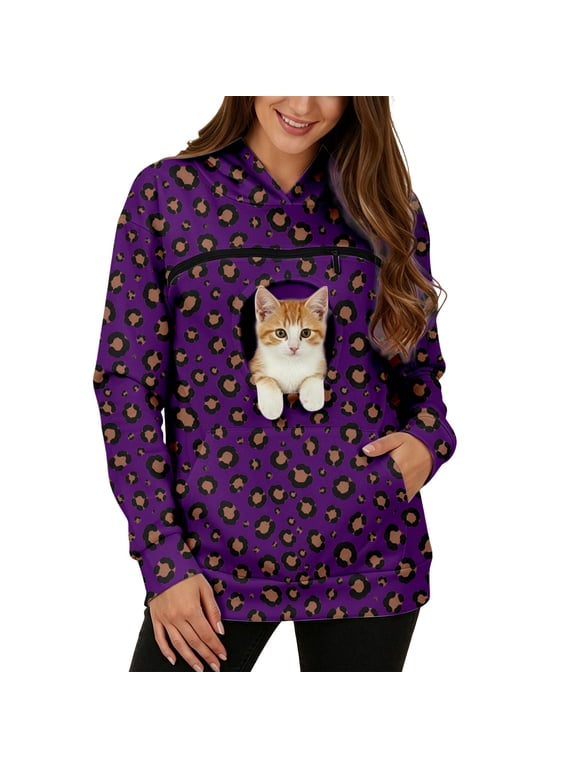 Pet Pouch Hoodie for Women with Kangaroo Pocket Cat Dog Carrier Hoodies Leopard Printed