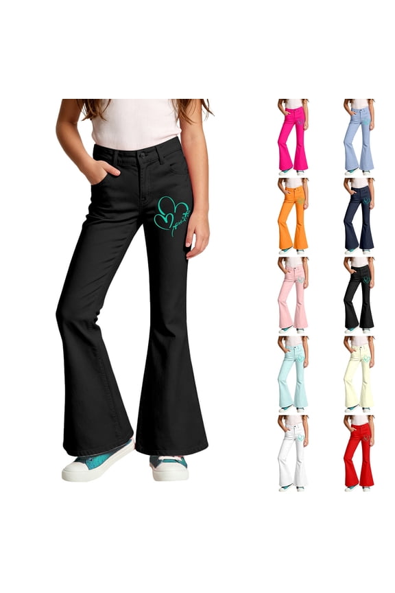 School Pants for Girls Full Length Bell Bottoms Legging with Pockets (Heart, Little Girl, 7-8 Years, Red)
