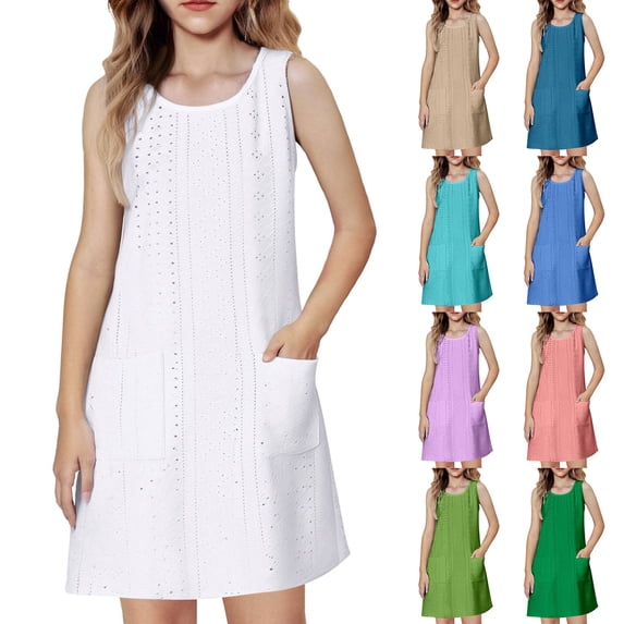 TGPMGRZ Toddler Girl Summer Dresses Eyelet Sleeveless Crew Neck Dresses Casual Loose Soft Breathable Sundress with Pockets Blue 5-6 Years