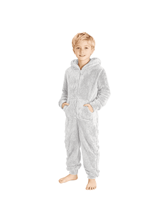 Toddler Kids Onesie, Hooded Zip Up Jumpsuit, Fuzzy Winter Romper, 1-12Y