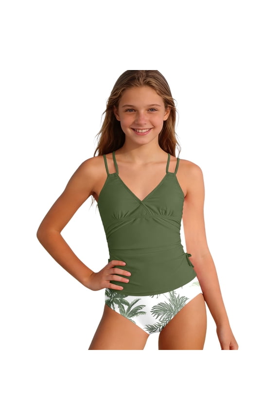 Tween Girls Tankini Swimsuit 2 Piece Bathing Suit Ruched Girl Swimwear with Adjustable Straps 7-16 Years (Green, 15-16 Years)