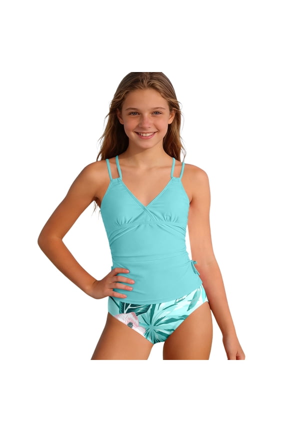 Tween Girls Tankini Swimsuit 2 Piece Bathing Suit Ruched Girl Swimwear with Adjustable Straps 7-16 Years (Mint Green, 11-12 Years)