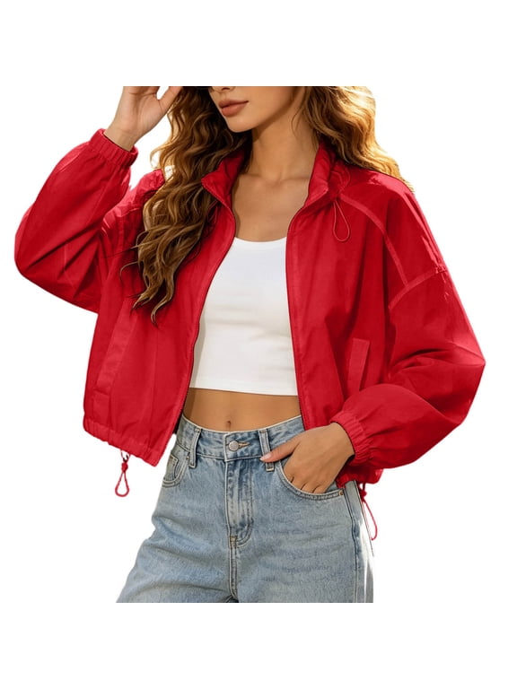 Women's Cropped Windbreaker Jacket Lightweight Zip Up Stand Collar Drawstring Hem